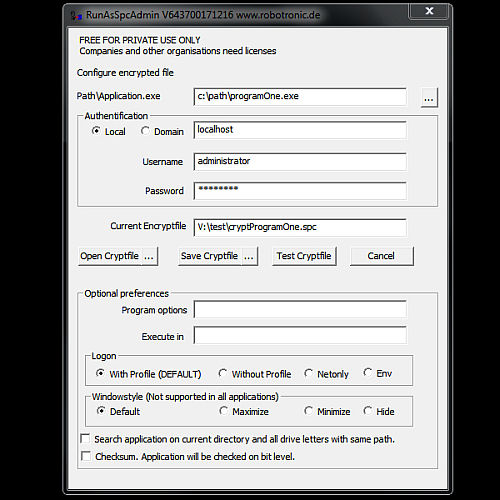 RunAsSpcAdmin configuration Window